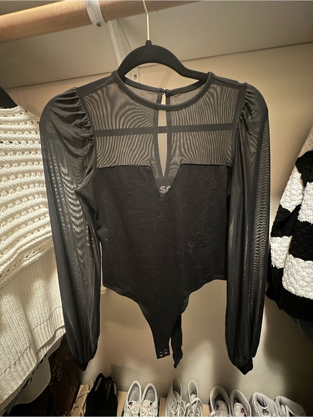 SO Black Mesh Yoke Puff Sleeve Bodysuit